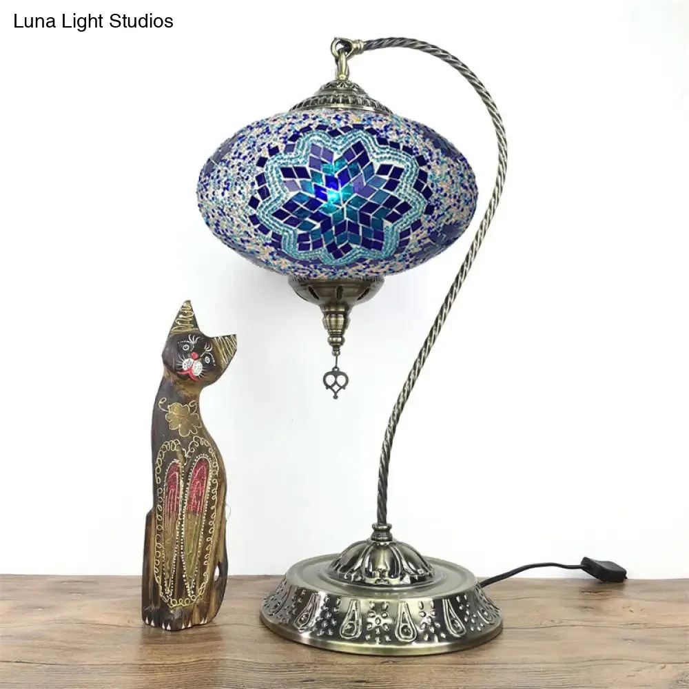Éléonore - Stained Glass Oblong Night Light Table Lamp - Single Head, Curved Arm,