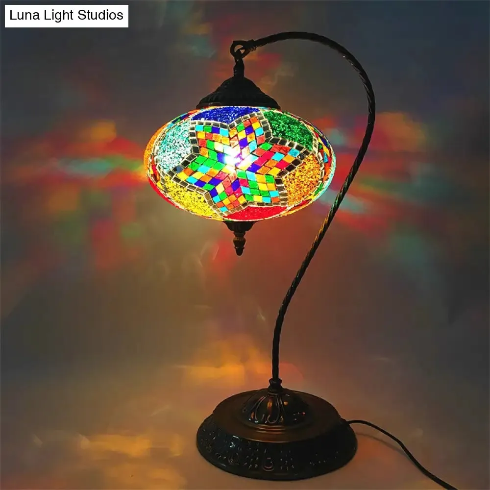 Éléonore - Stained Glass Oblong Night Light Table Lamp - Single Head, Curved Arm,