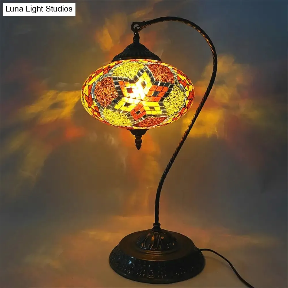 Éléonore - Stained Glass Oblong Night Light Table Lamp - Single Head, Curved Arm,