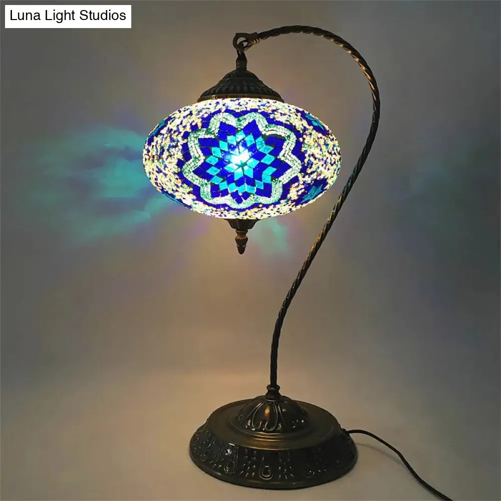 Éléonore - Stained Glass Oblong Night Light Table Lamp - Single Head, Curved Arm,