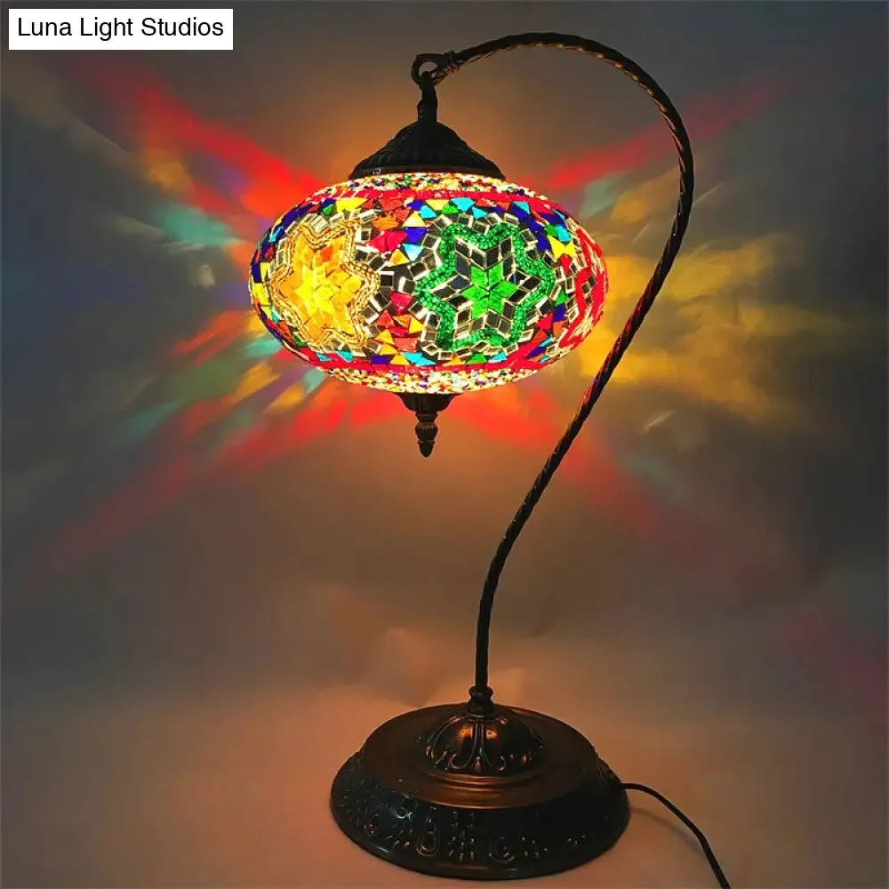 Éléonore - Stained Glass Oblong Night Light Table Lamp - Single Head, Curved Arm,