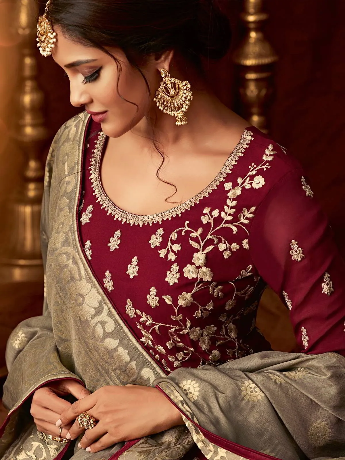 Maroon And Golden Embroidered Wedding Anarkali Lehenga Suit