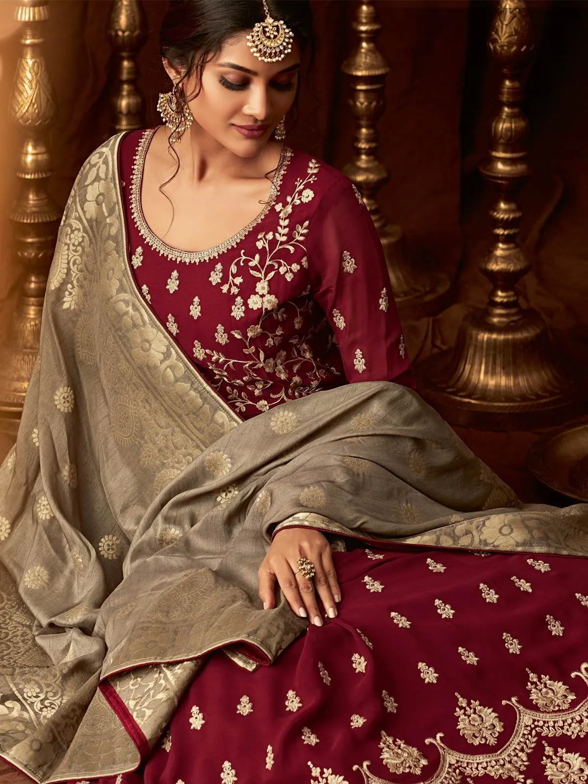 Maroon And Golden Embroidered Wedding Anarkali Lehenga Suit