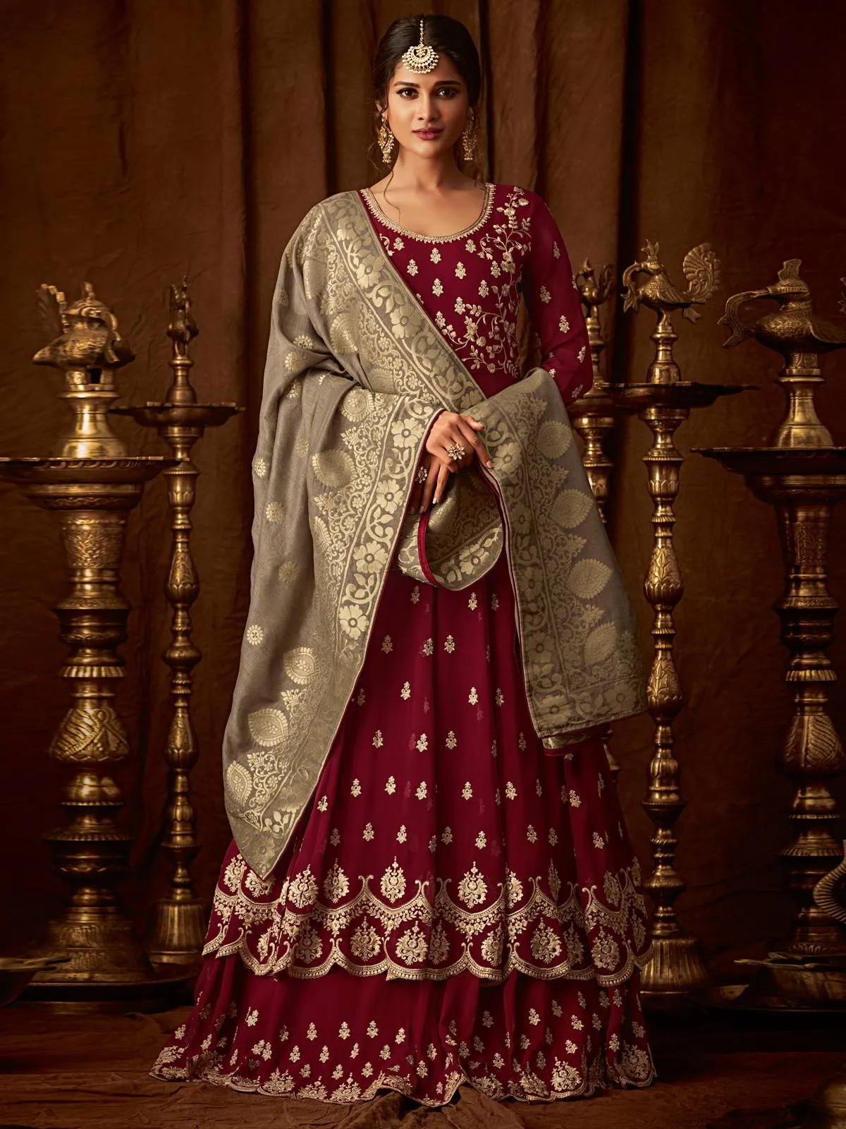 Maroon And Golden Embroidered Wedding Anarkali Lehenga Suit