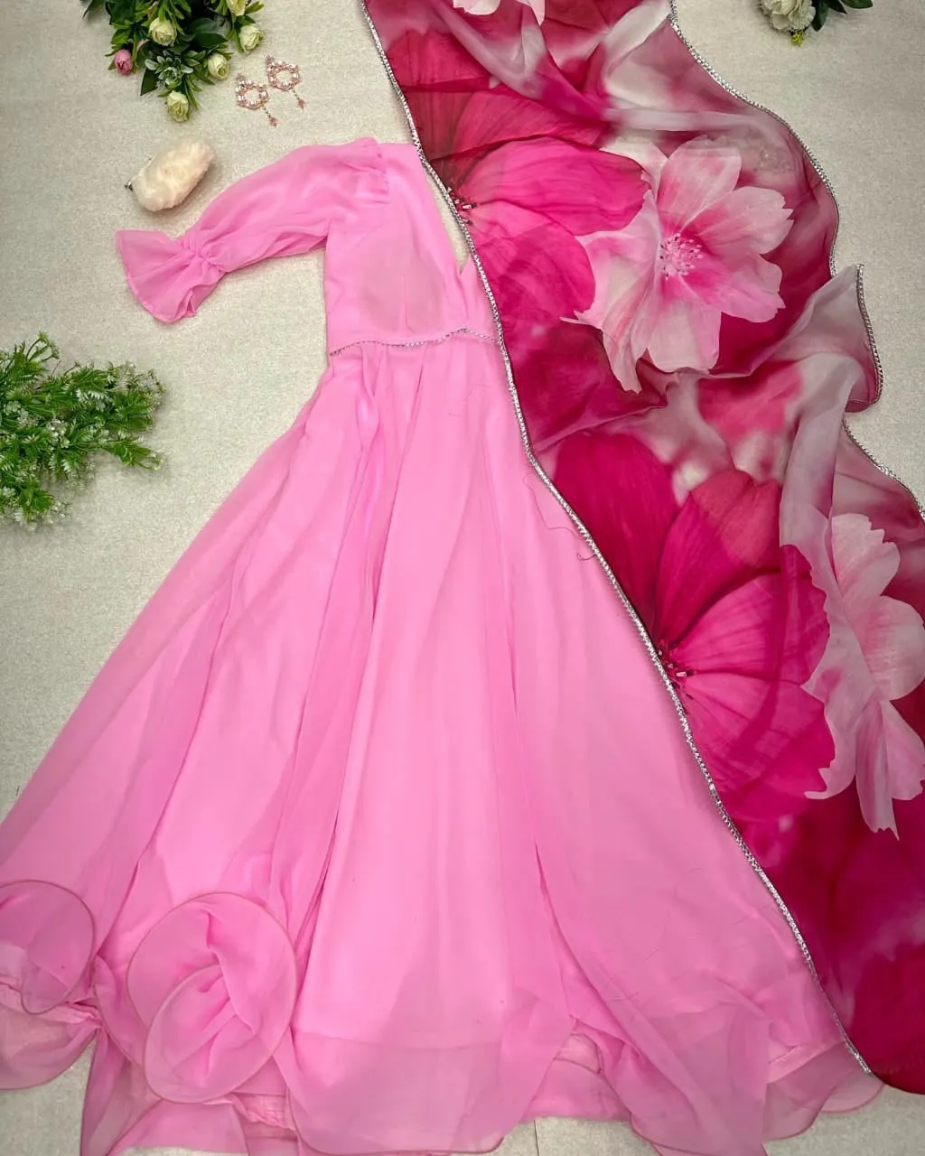 Marvelous Light Pink Plain Gown with Floral Print Dupatta