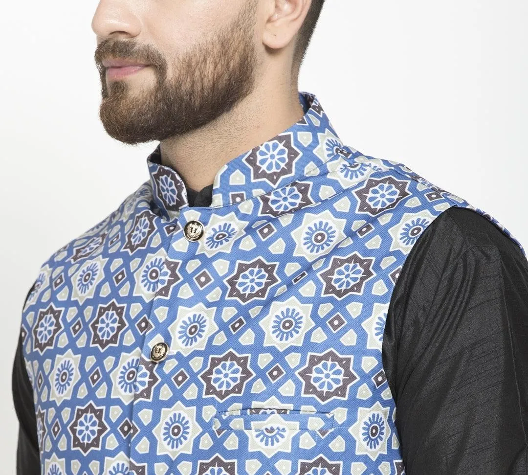 Men's Indigo Blue & Multi Printed Nehru Jacket - Benstoke