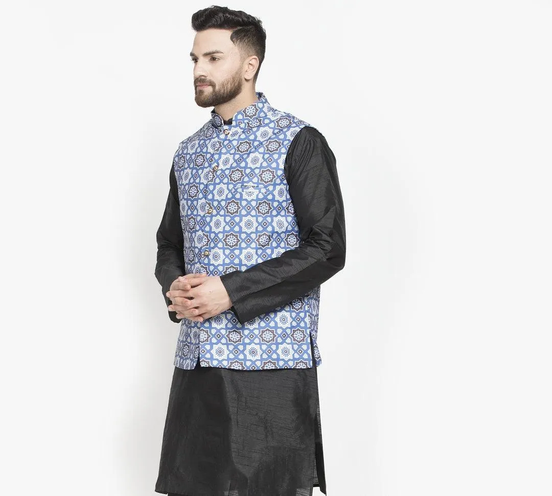 Men's Indigo Blue & Multi Printed Nehru Jacket - Benstoke