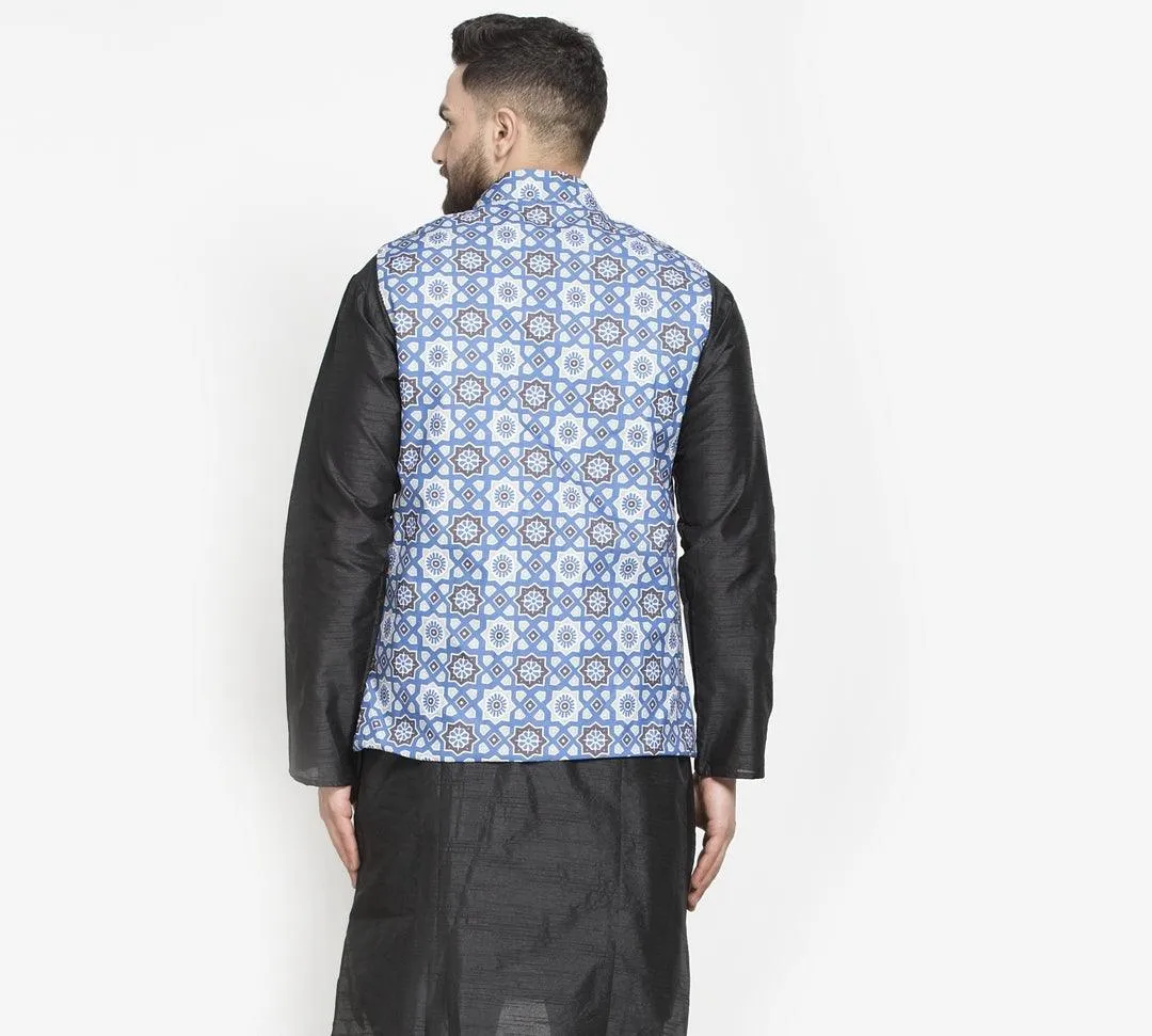 Men's Indigo Blue & Multi Printed Nehru Jacket - Benstoke