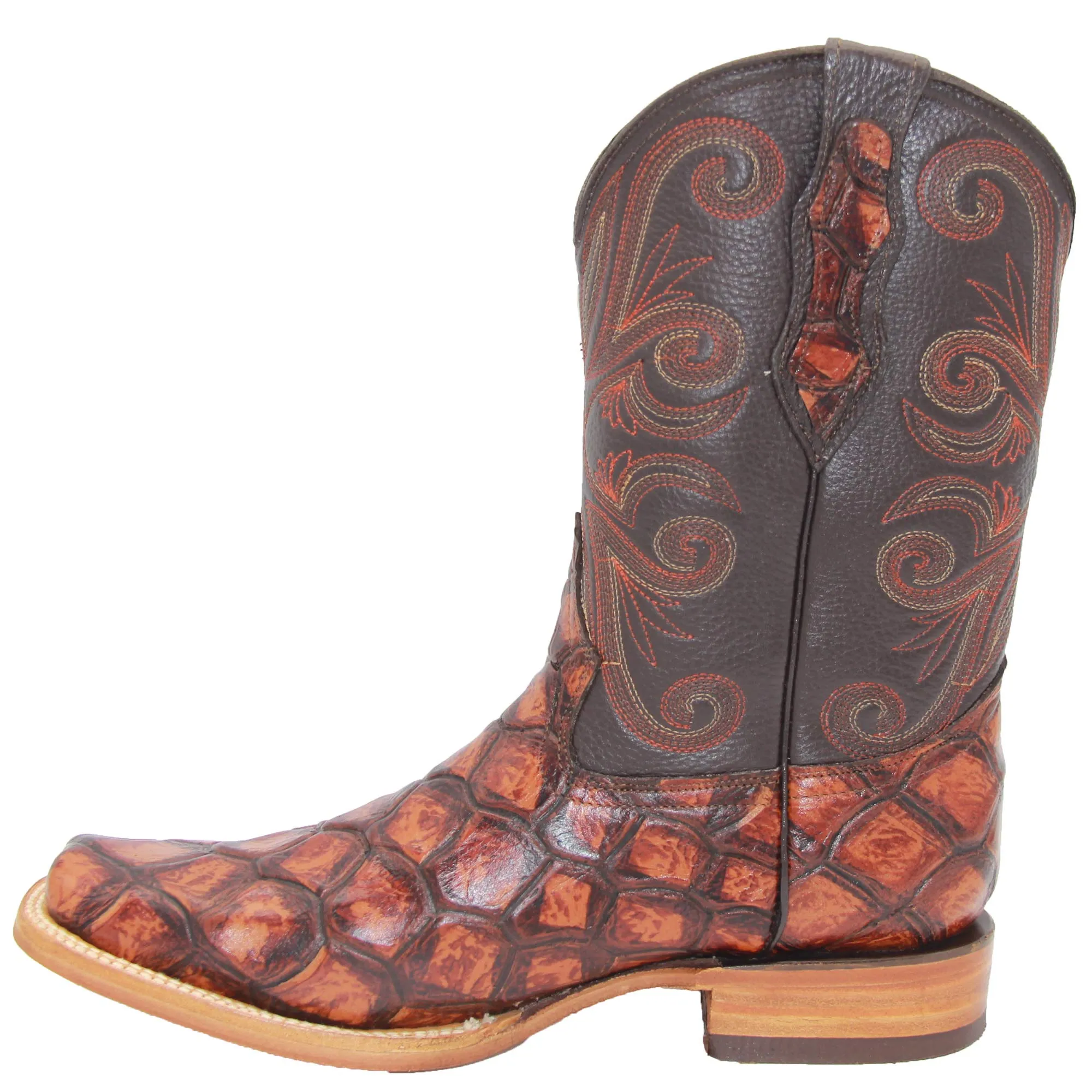 Men’s Leather Fish Print Square Toe Cowboy Boot