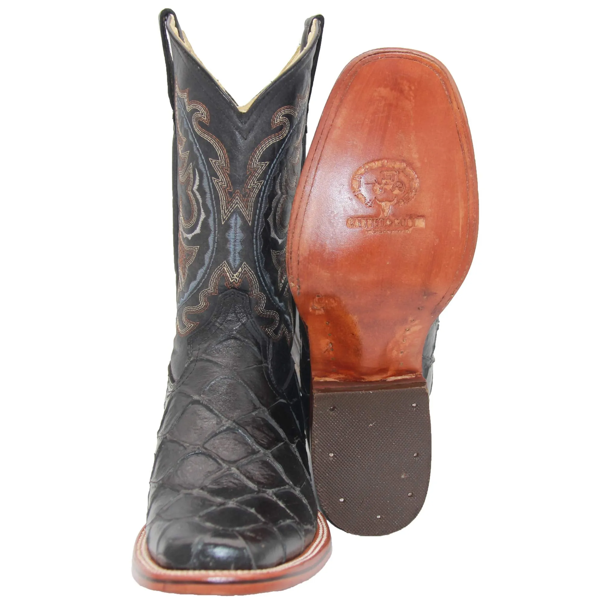Men’s Leather Fish Print Square Toe Cowboy Boot
