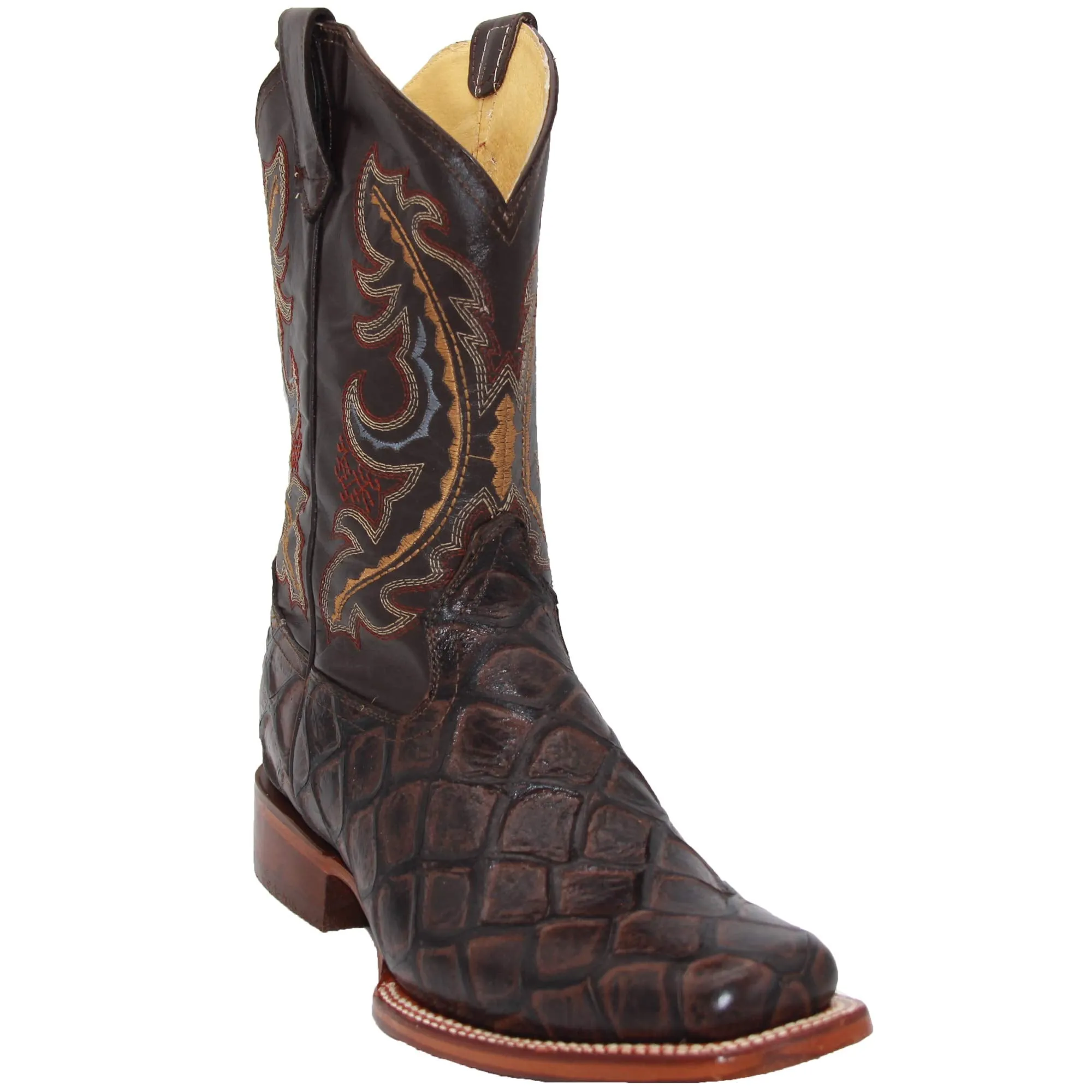 Men’s Leather Fish Print Square Toe Cowboy Boot