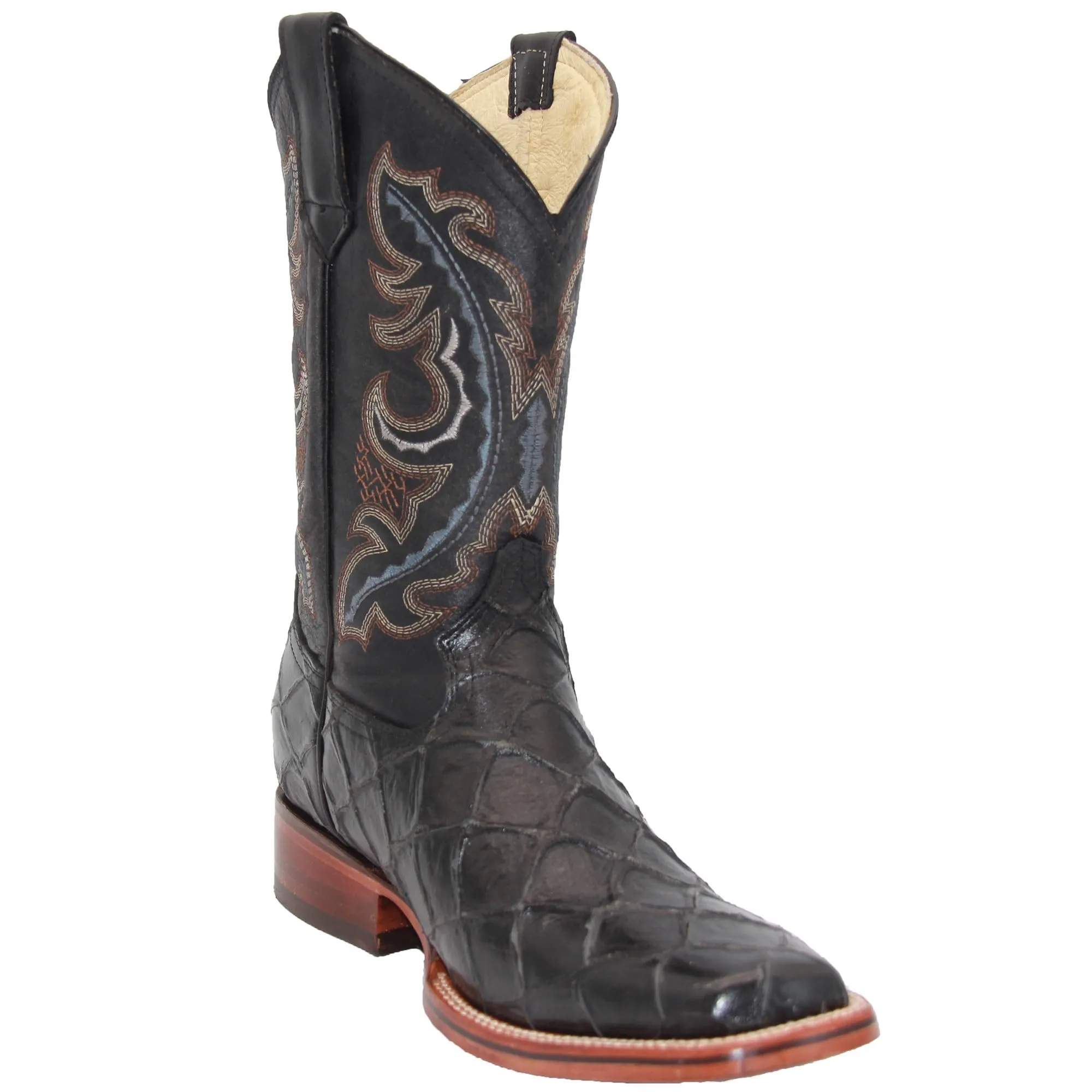 Men’s Leather Fish Print Square Toe Cowboy Boot