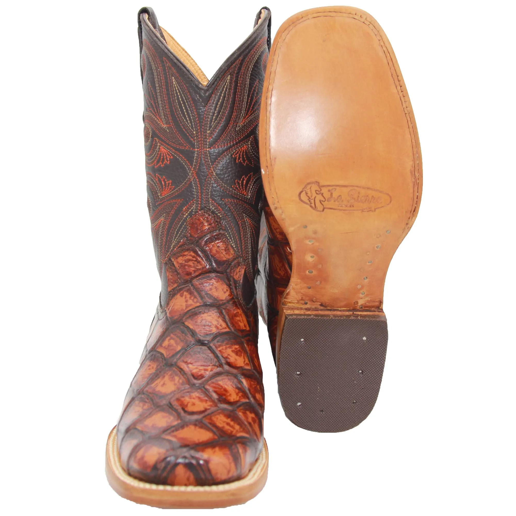 Men’s Leather Fish Print Square Toe Cowboy Boot