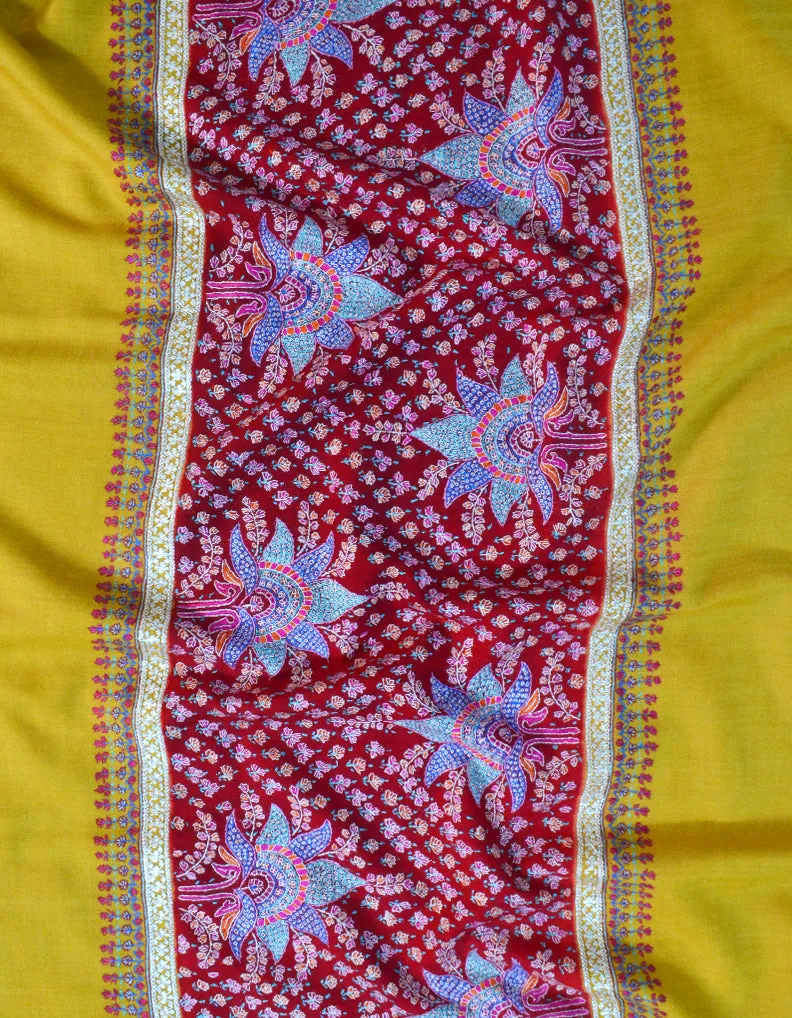 Mustard & Red Pashmina Shawl With Sozni & Tilla Work 5568