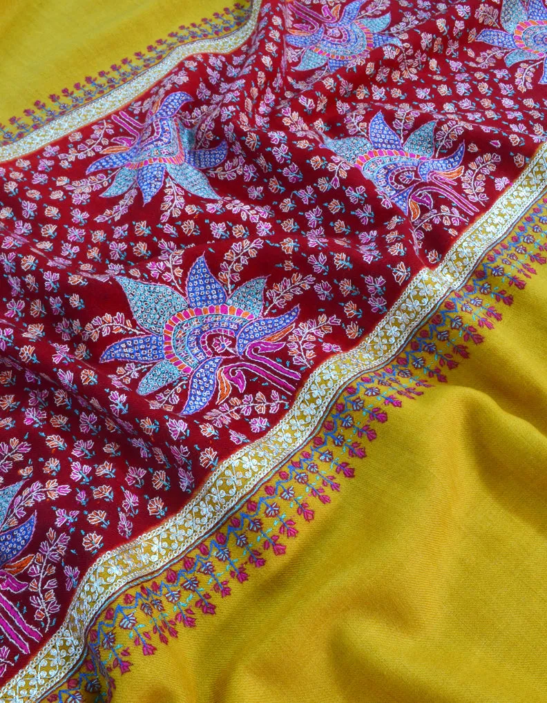Mustard & Red Pashmina Shawl With Sozni & Tilla Work 5568