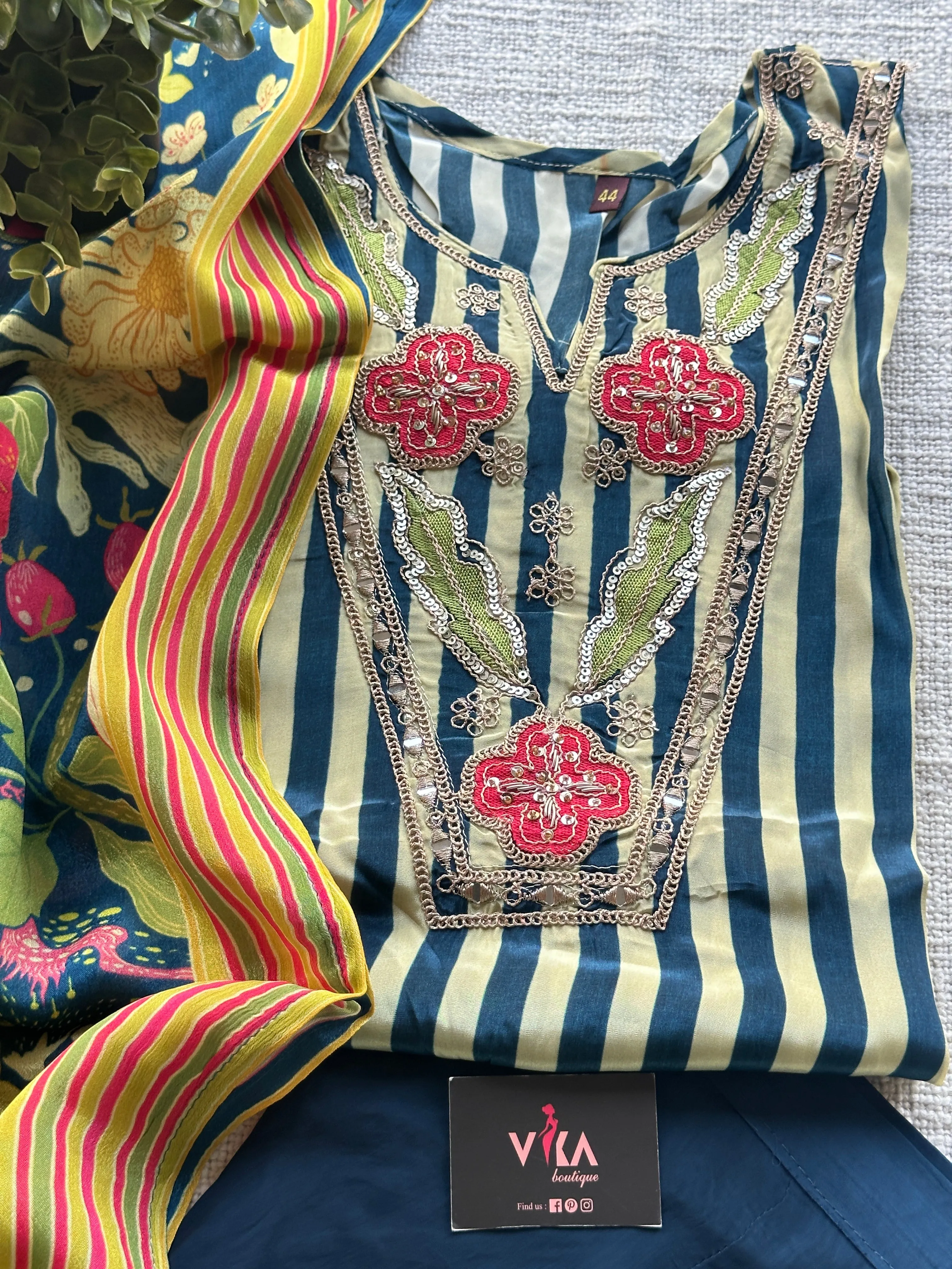 Neck work striped crepe silk ready set