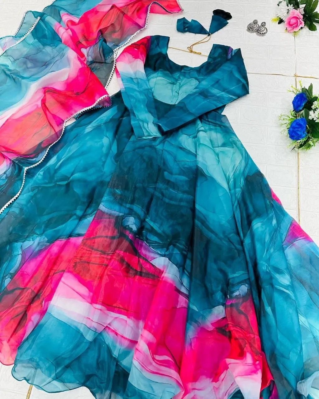 Organza Silk Teal Blue Digital Printed Trendy Gown