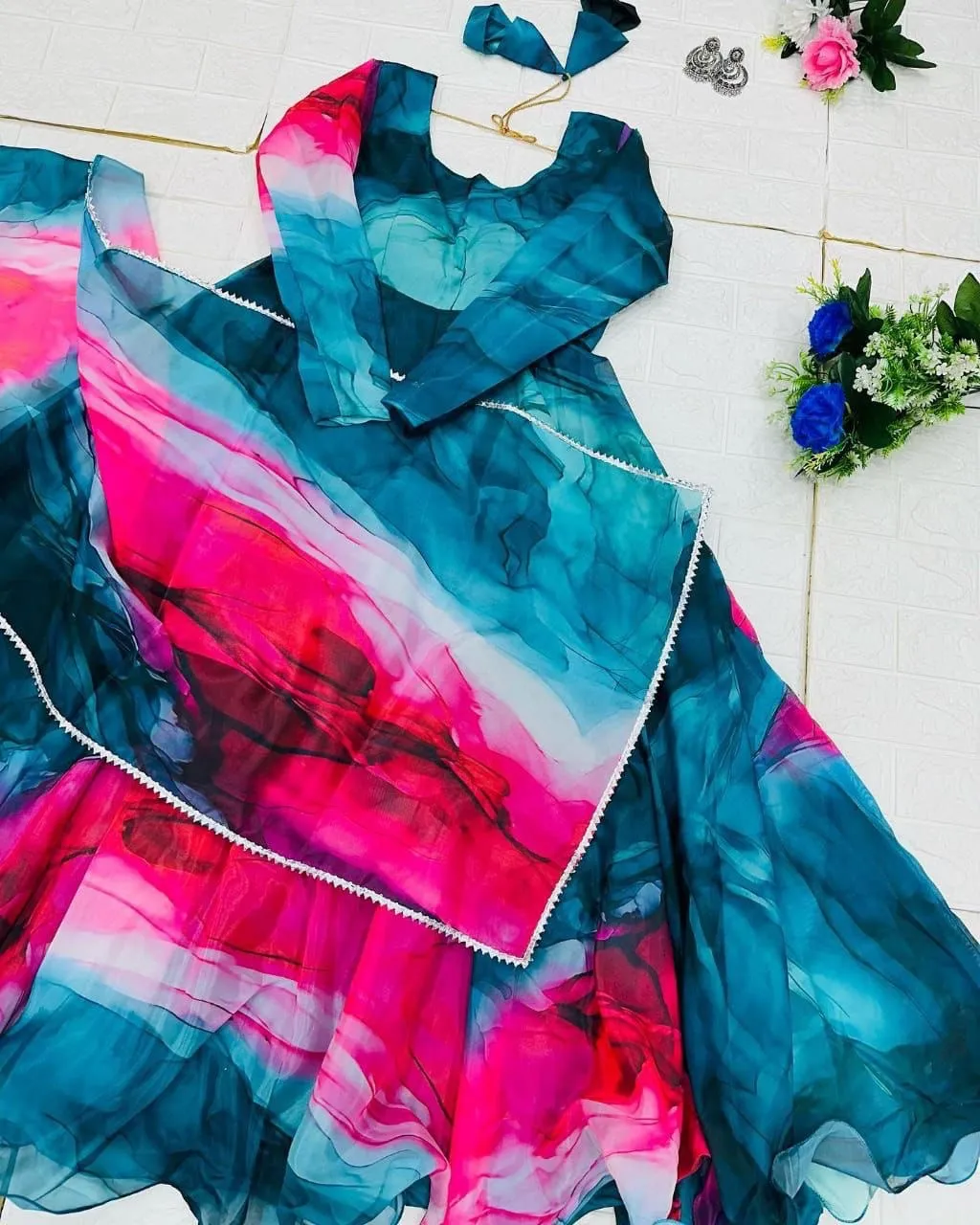 Organza Silk Teal Blue Digital Printed Trendy Gown