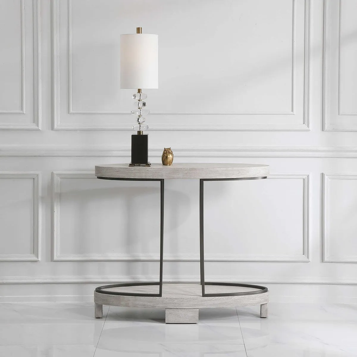 OVOID CONSOLE TABLE, SCRUBBED ELM