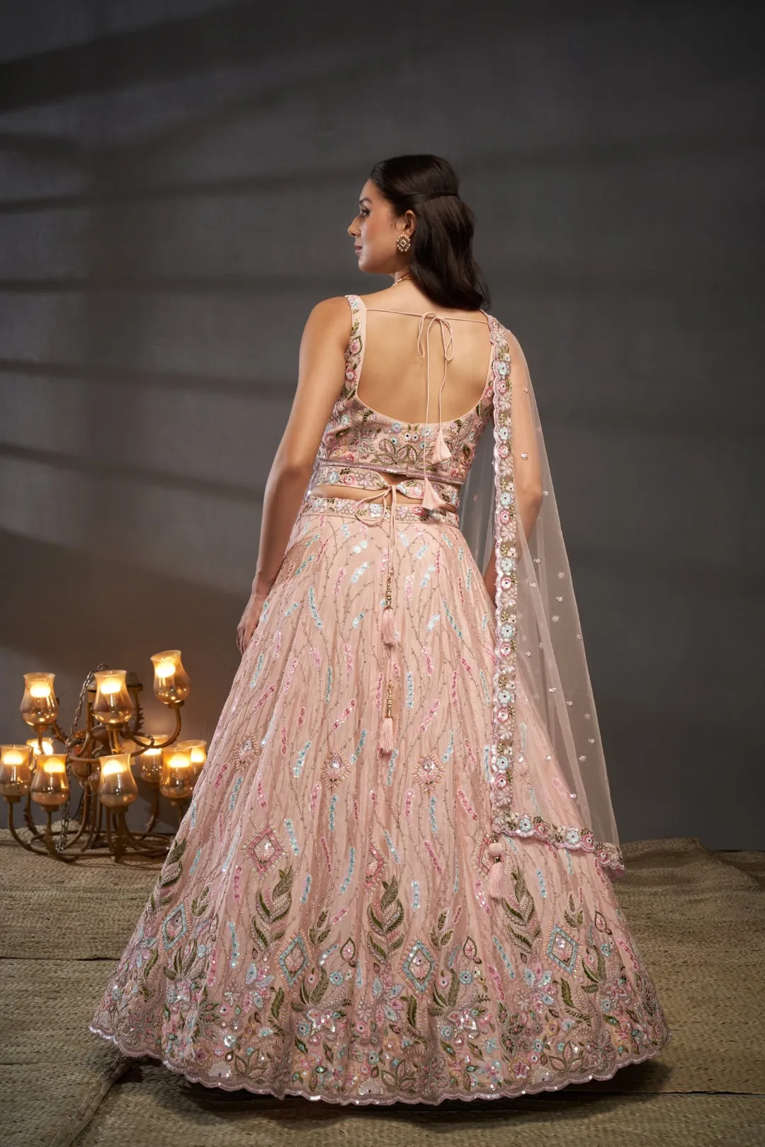 Peach Pure Chiffon Lehenga Choli Set with Mirror, Zardosi & Sequin Work
