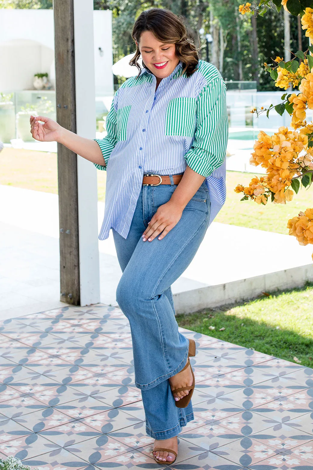 Perry Blouse Blue/Green Stripe