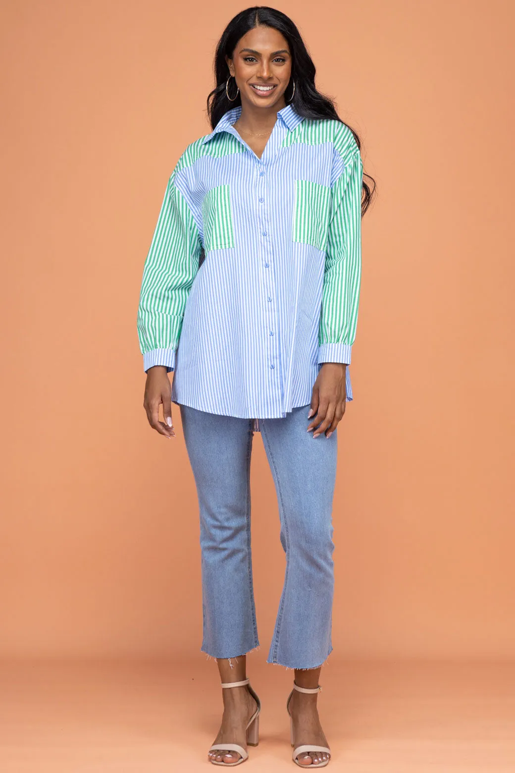 Perry Blouse Blue/Green Stripe