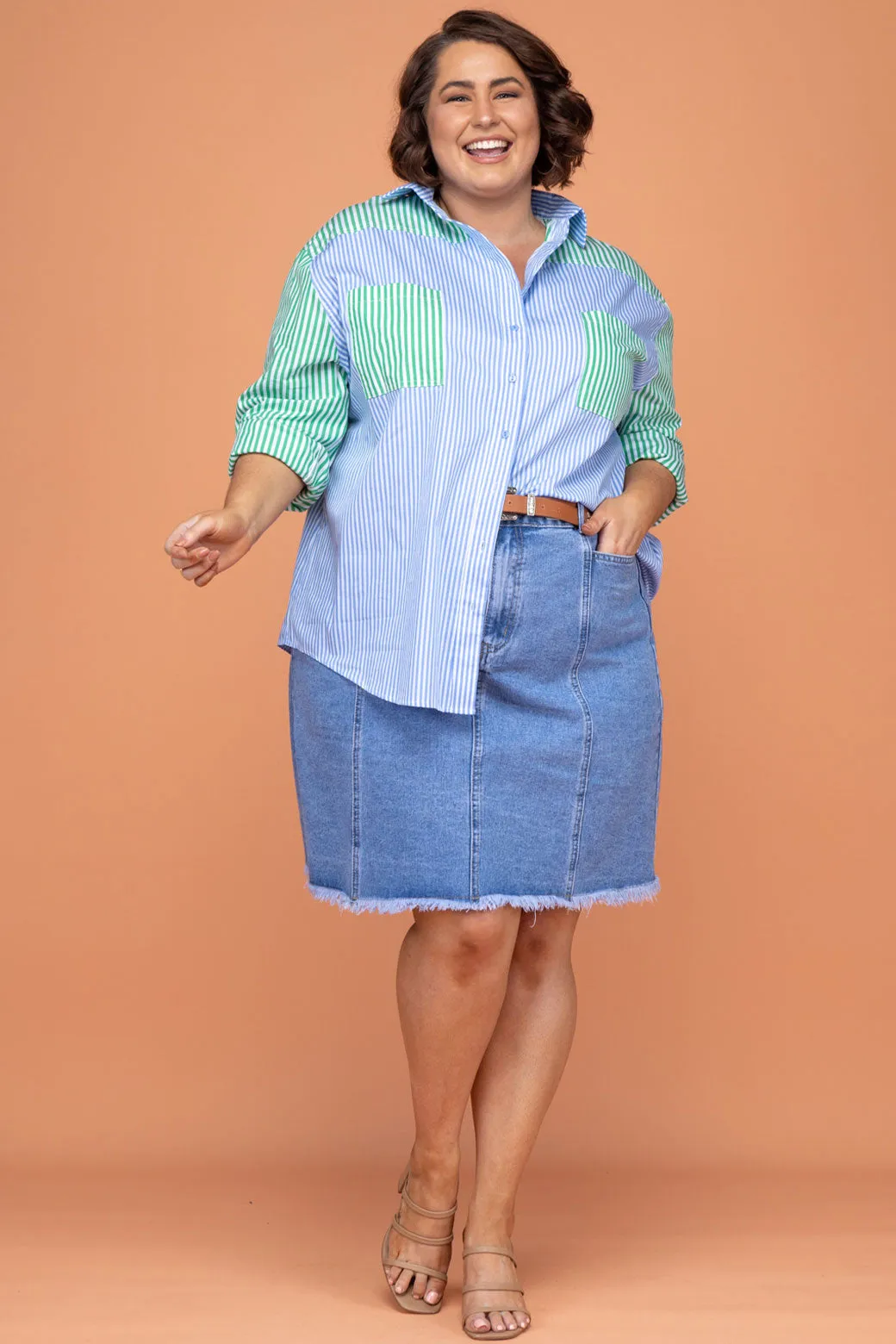 Perry Blouse Blue/Green Stripe