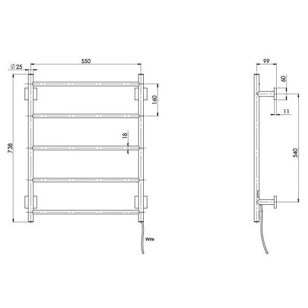 Phoenix Radii Heated Towel Ladder 550mm Square Plate - Matte Black