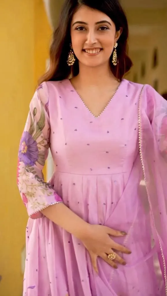 Pink Anarkali Gown in Faux Georgette with Floral Digital Print