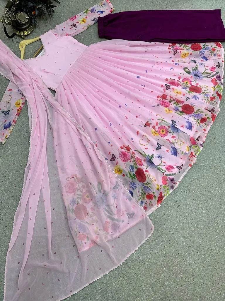 Pink Anarkali Gown in Faux Georgette with Floral Digital Print