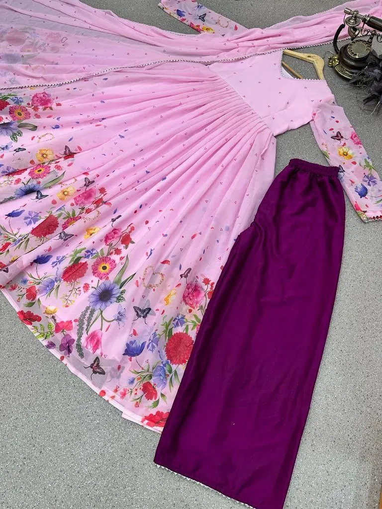 Pink Anarkali Gown in Faux Georgette with Floral Digital Print