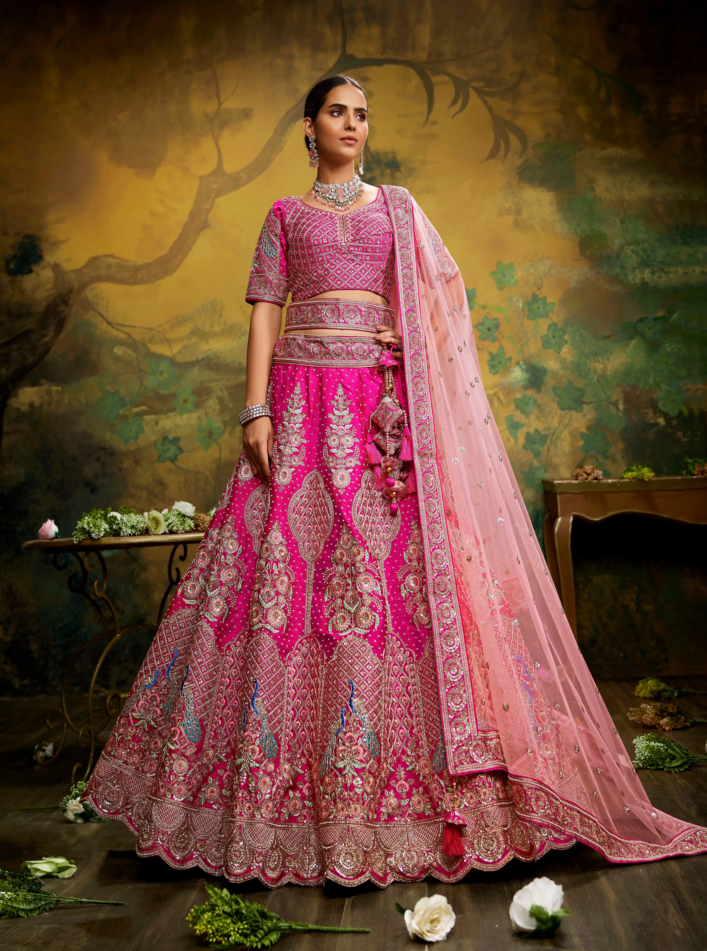 Pink Pure Silk Moti & Zarkan heavy embroidery Semi-Stitched Lehenga choli & Dupatta