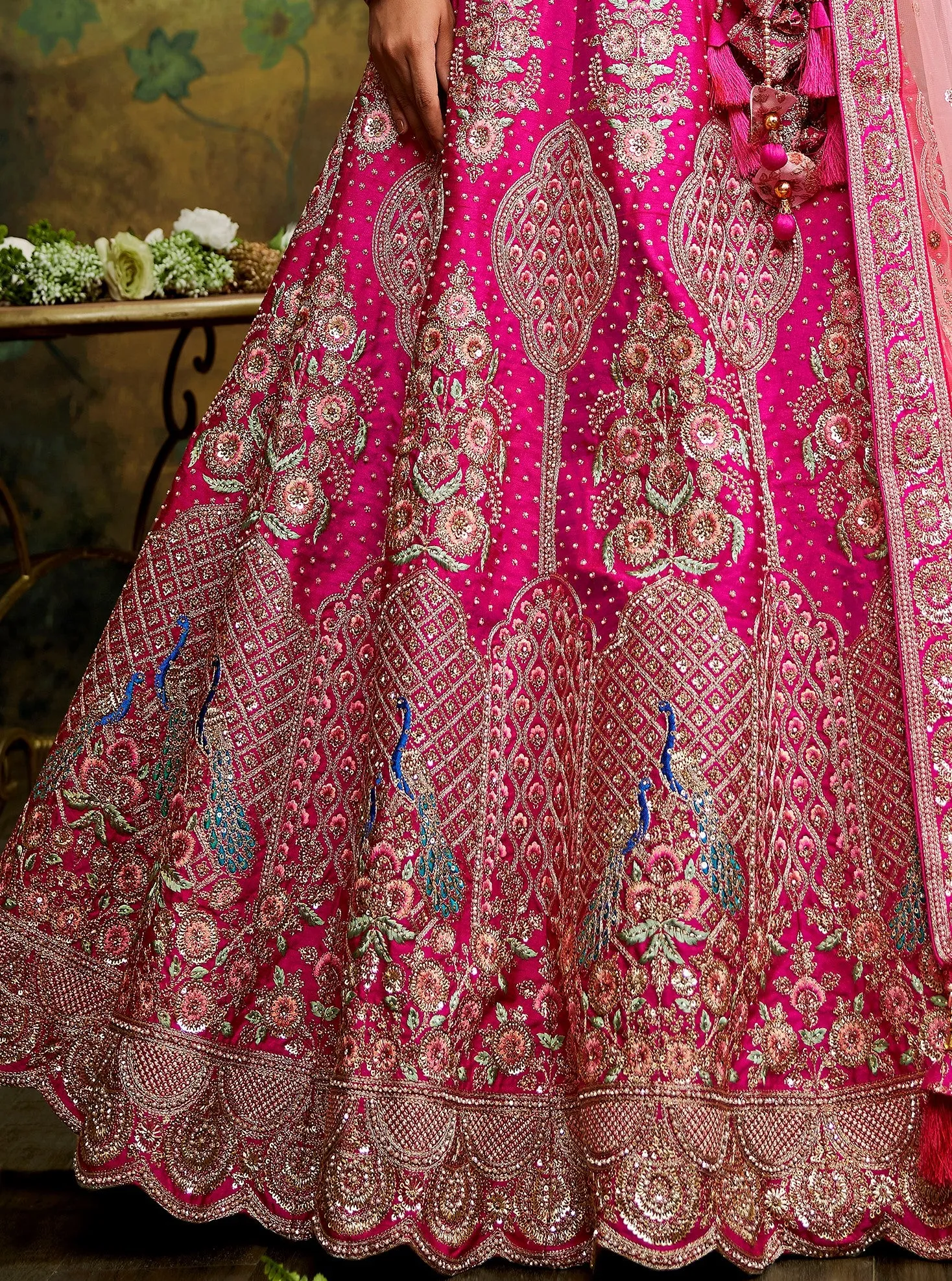 Pink Pure Silk Moti & Zarkan heavy embroidery Semi-Stitched Lehenga choli & Dupatta