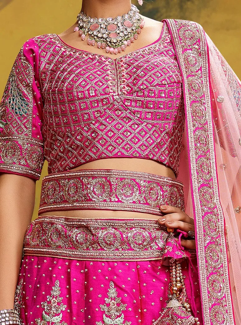 Pink Pure Silk Moti & Zarkan heavy embroidery Semi-Stitched Lehenga choli & Dupatta