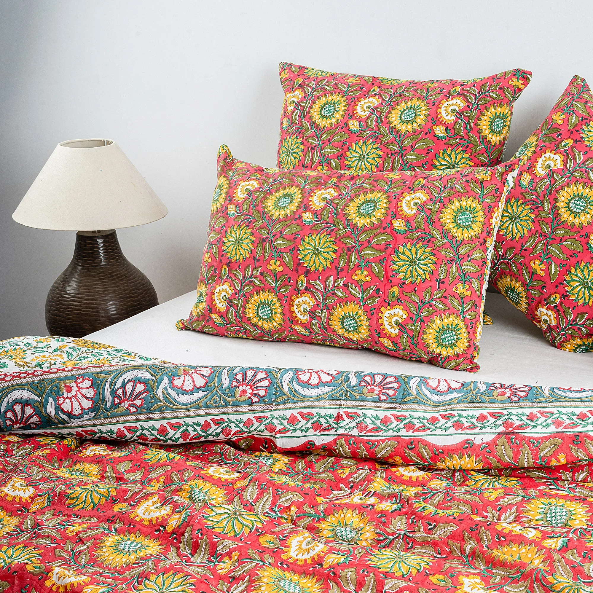 Premium Multicolor Floral Block Print Soft Cotton Single Duvet Cover with Shams