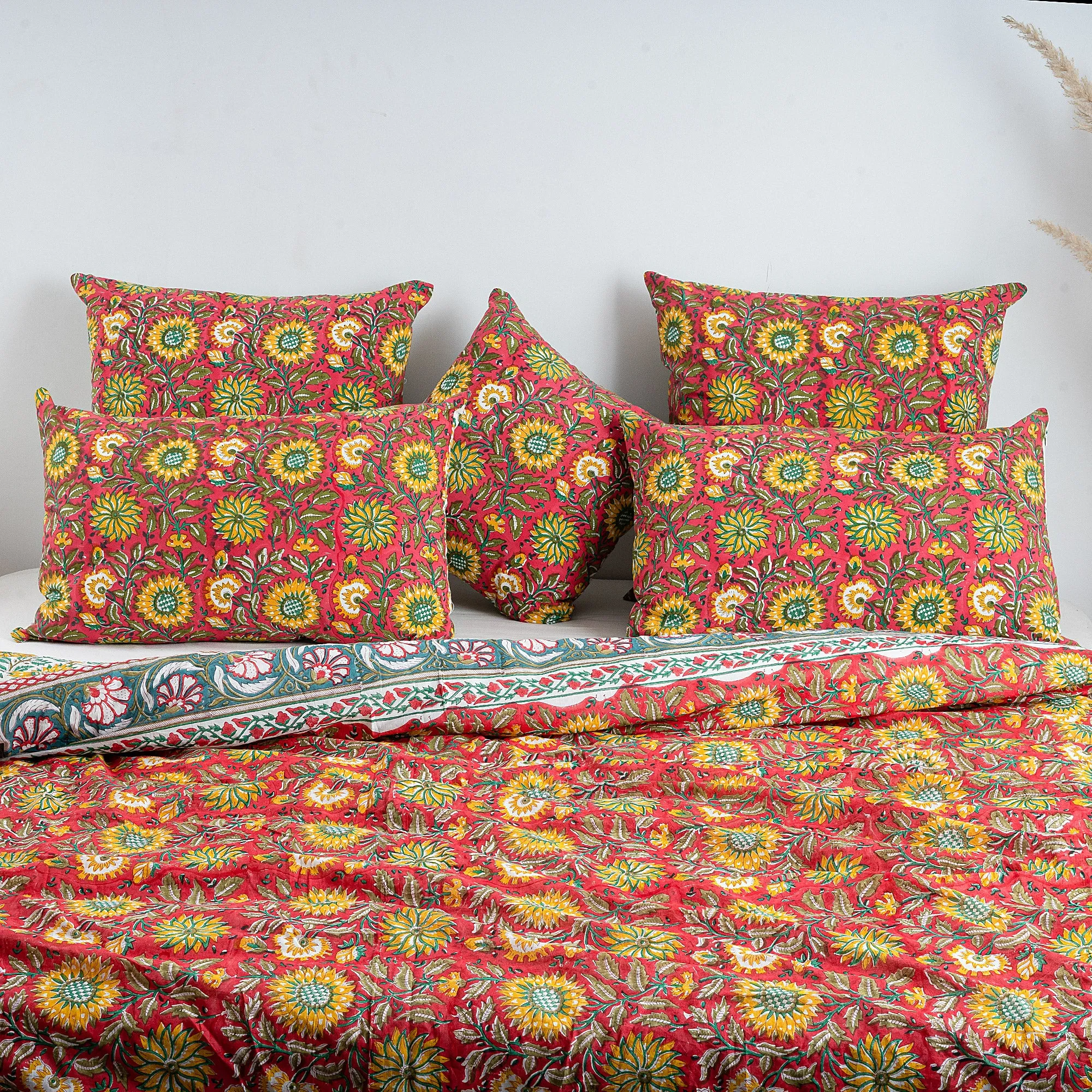 Premium Multicolor Floral Block Print Soft Cotton Single Duvet Cover with Shams