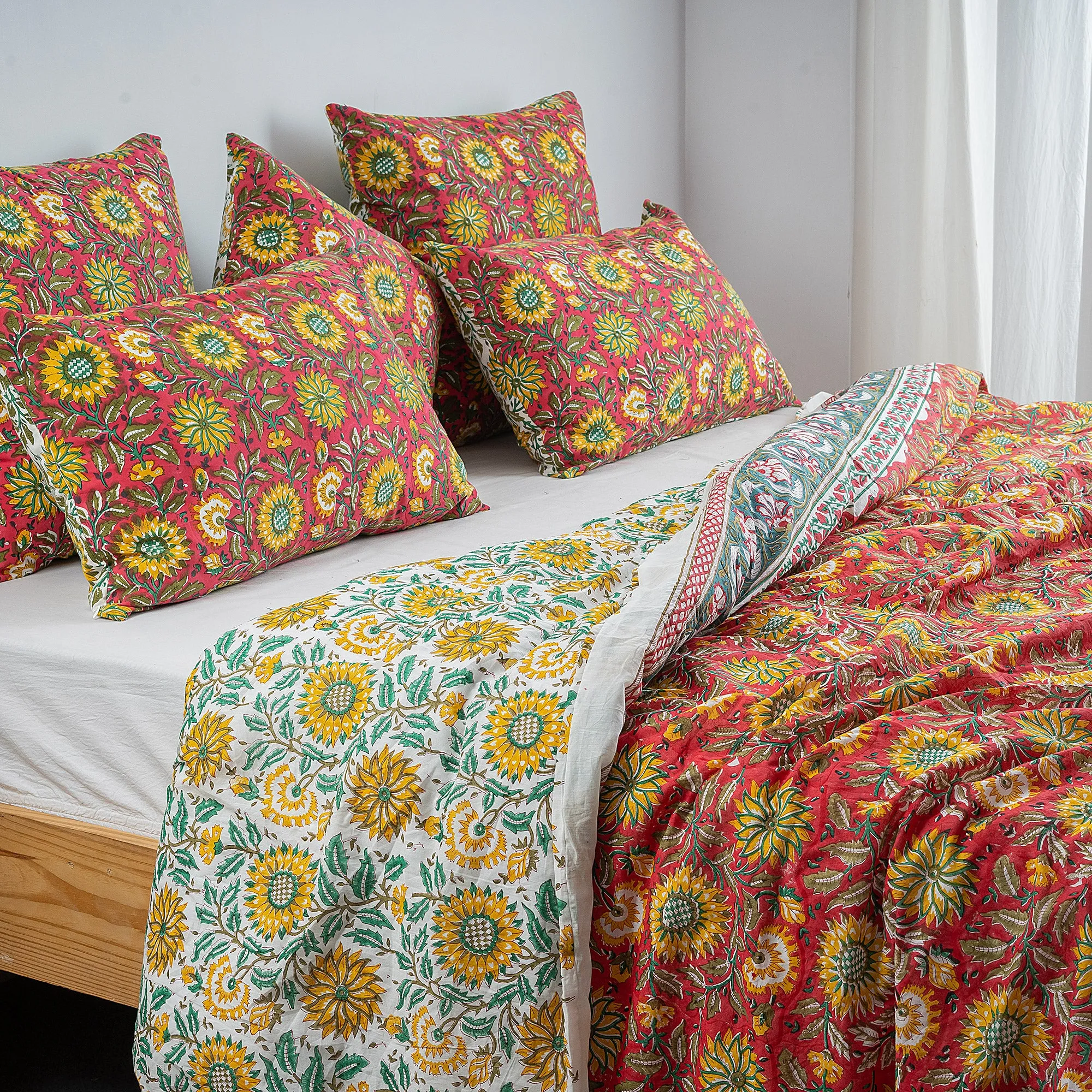 Premium Multicolor Floral Block Print Soft Cotton Single Duvet Cover with Shams