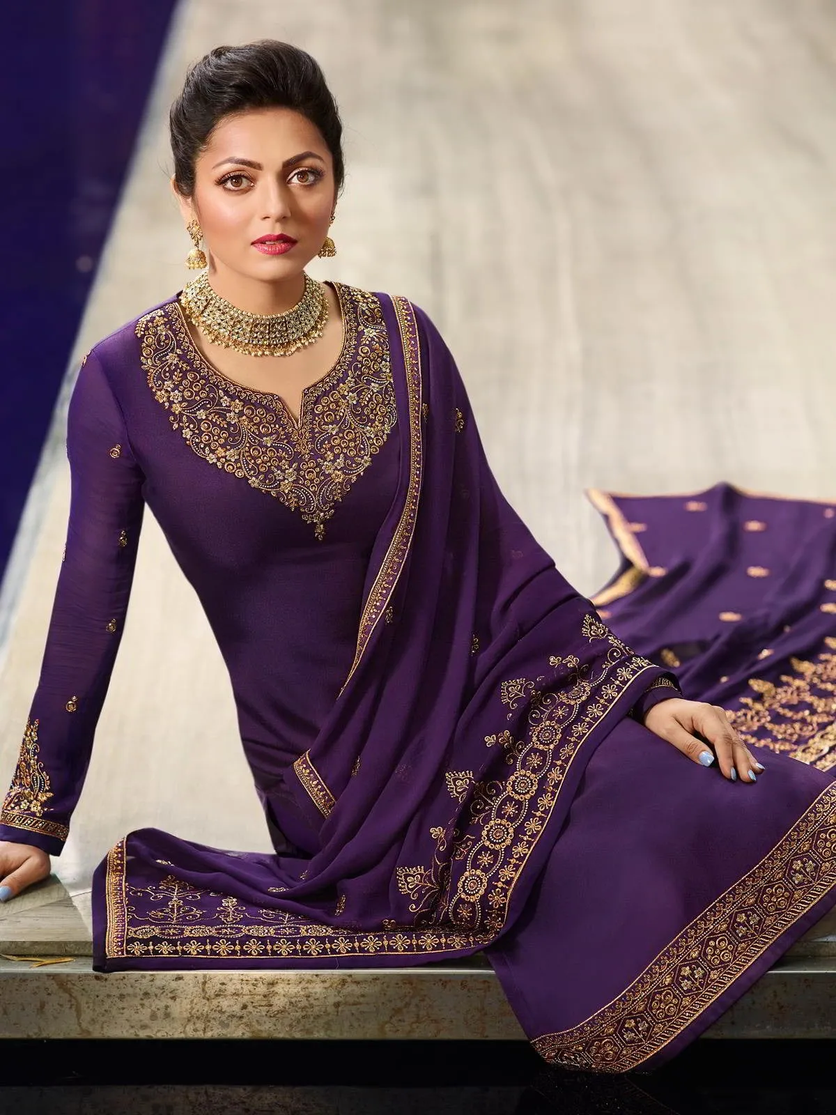 Purple Golden Embroidered Traditional Churidar Suit