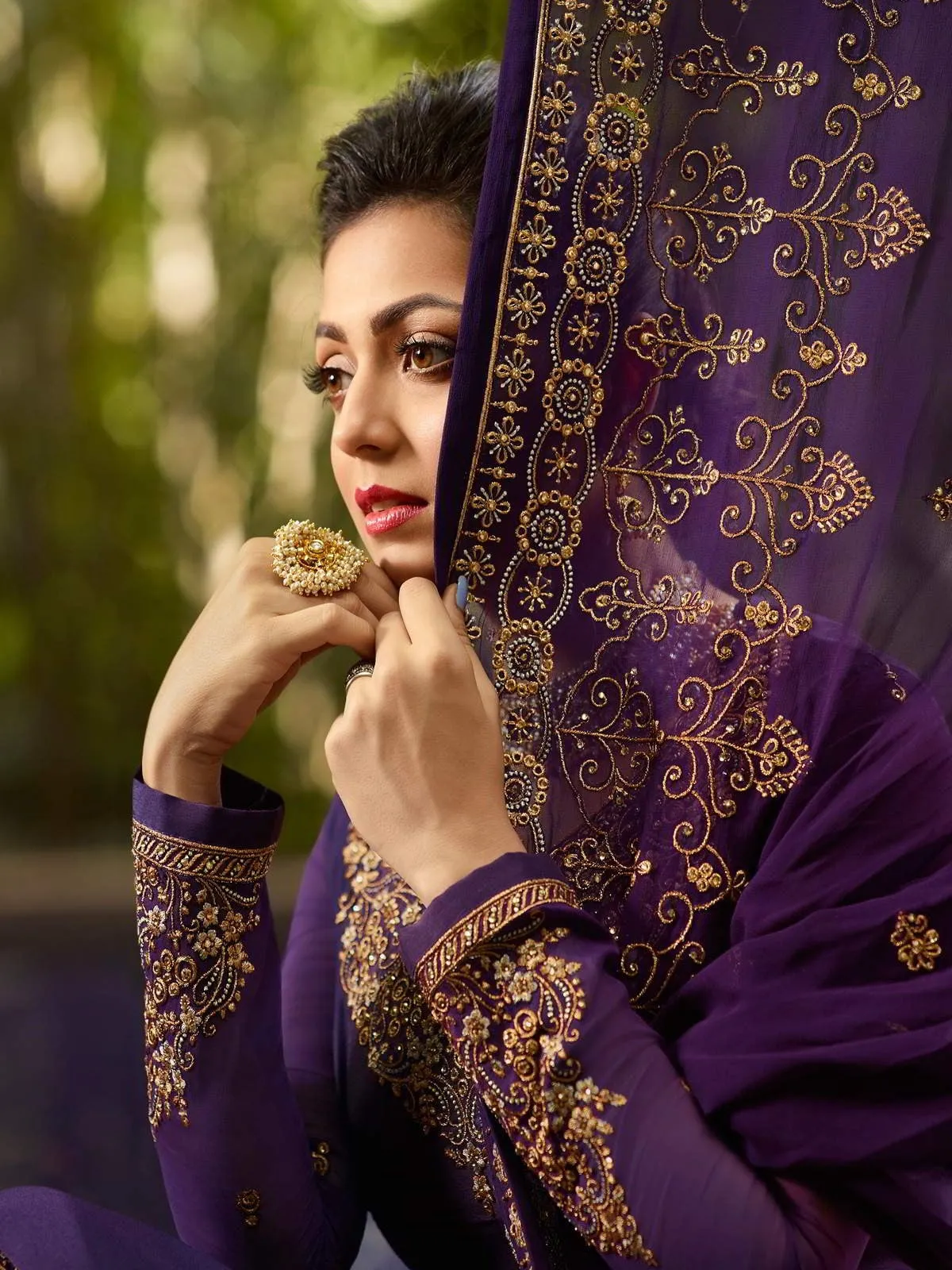 Purple Golden Embroidered Traditional Churidar Suit