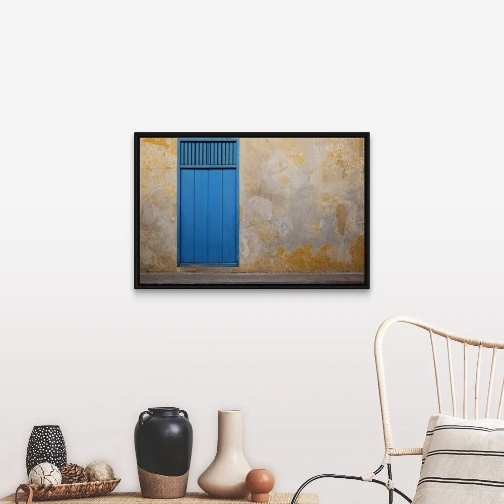 "A door and a mottled wall" Black Float Frame Canvas Art