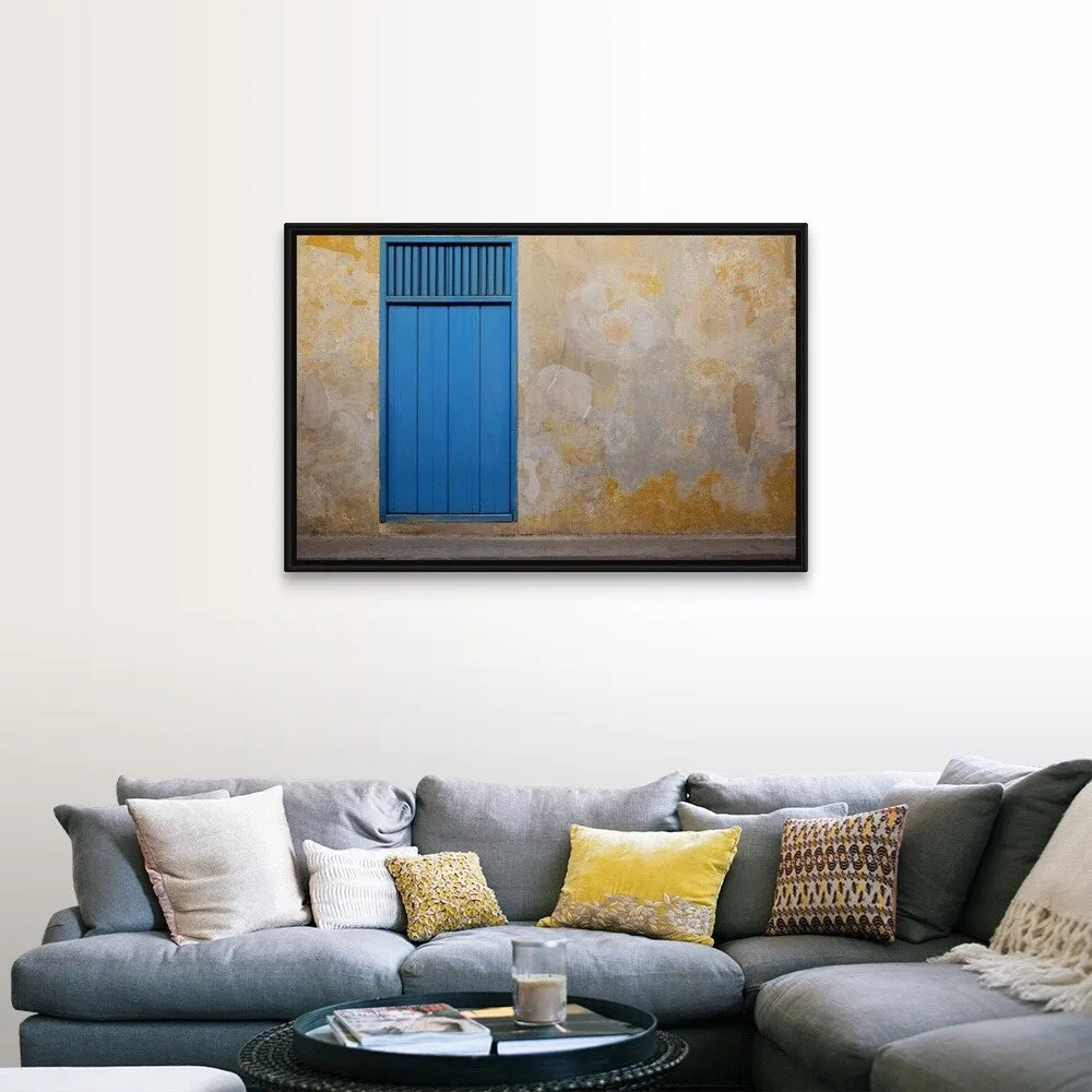 "A door and a mottled wall" Black Float Frame Canvas Art