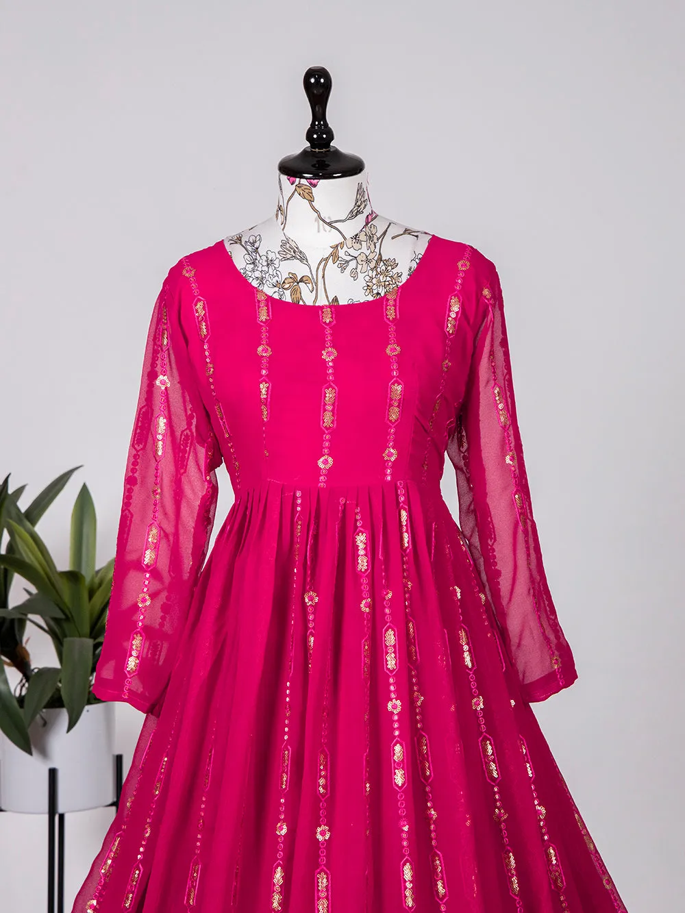 Rani Pink Color Sequins And Thread Embroidery Work Georgette Gown