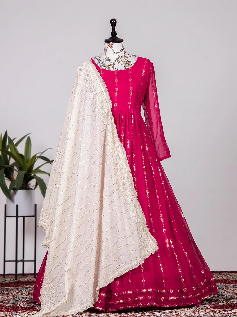Rani Pink Color Sequins And Thread Embroidery Work Georgette Gown