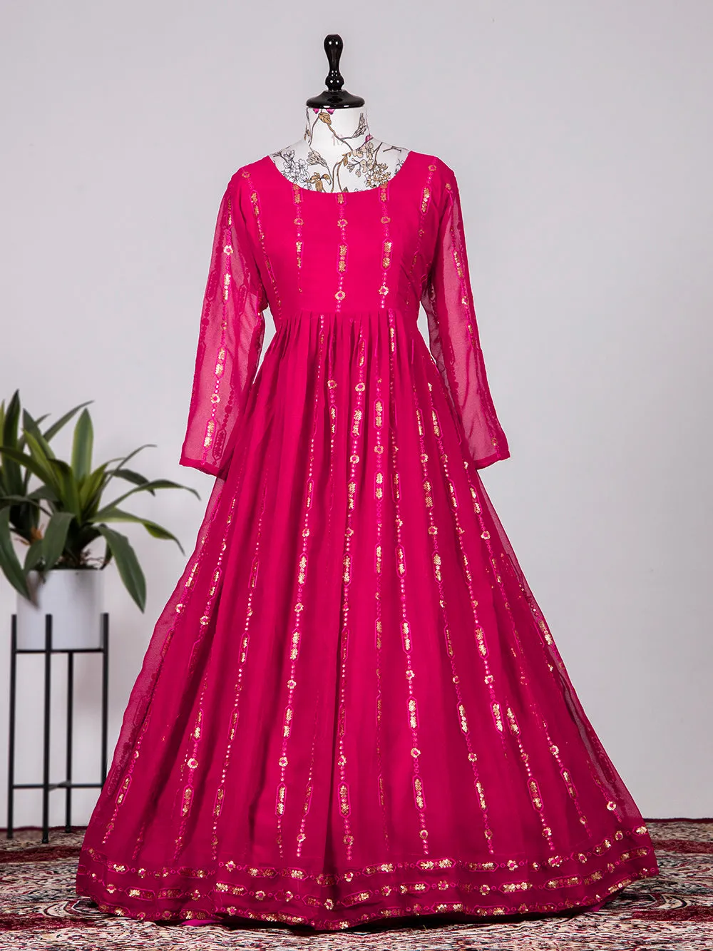Rani Pink Color Sequins And Thread Embroidery Work Georgette Gown