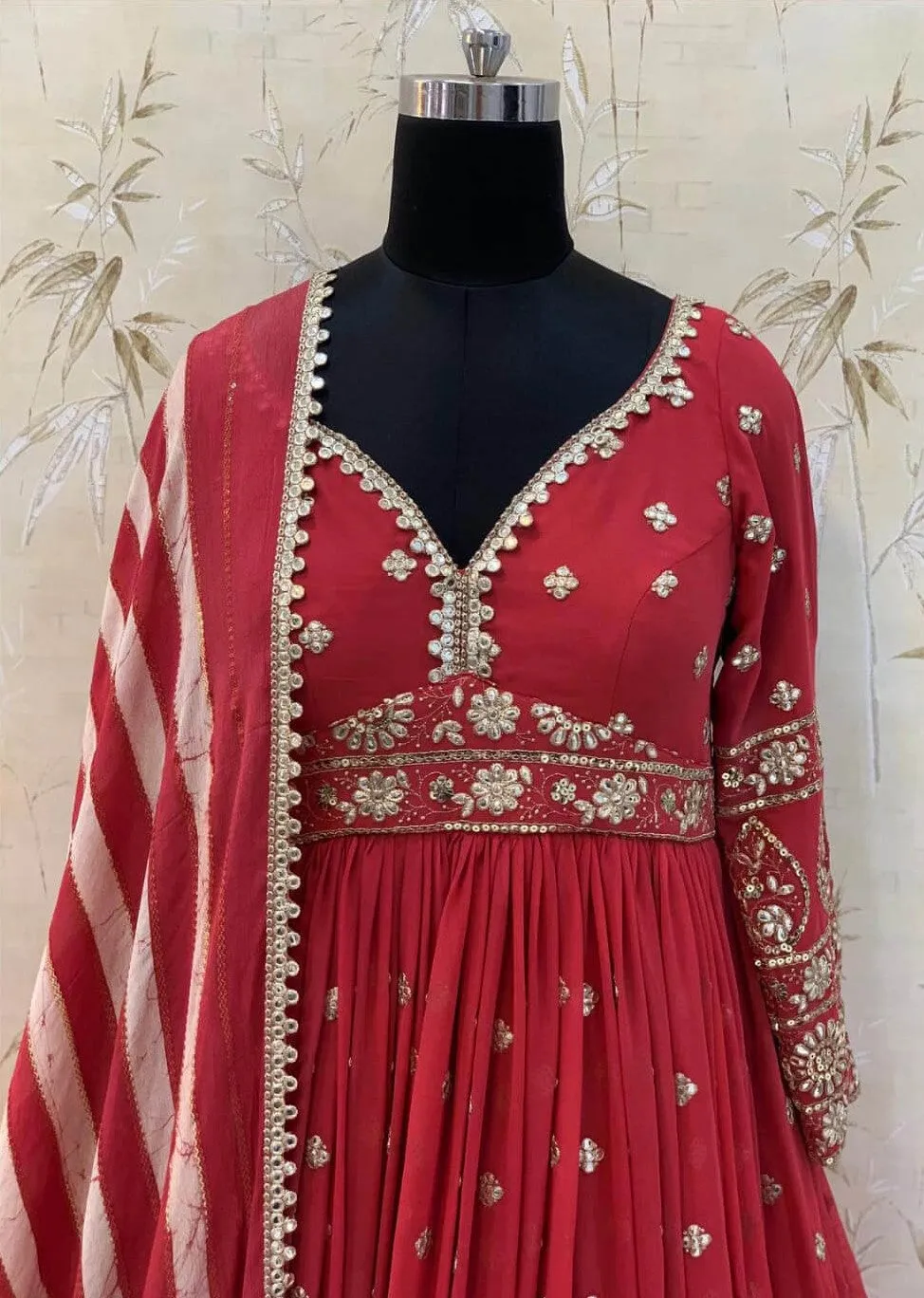 Red Gown in Georgette With Foil Mirror Work