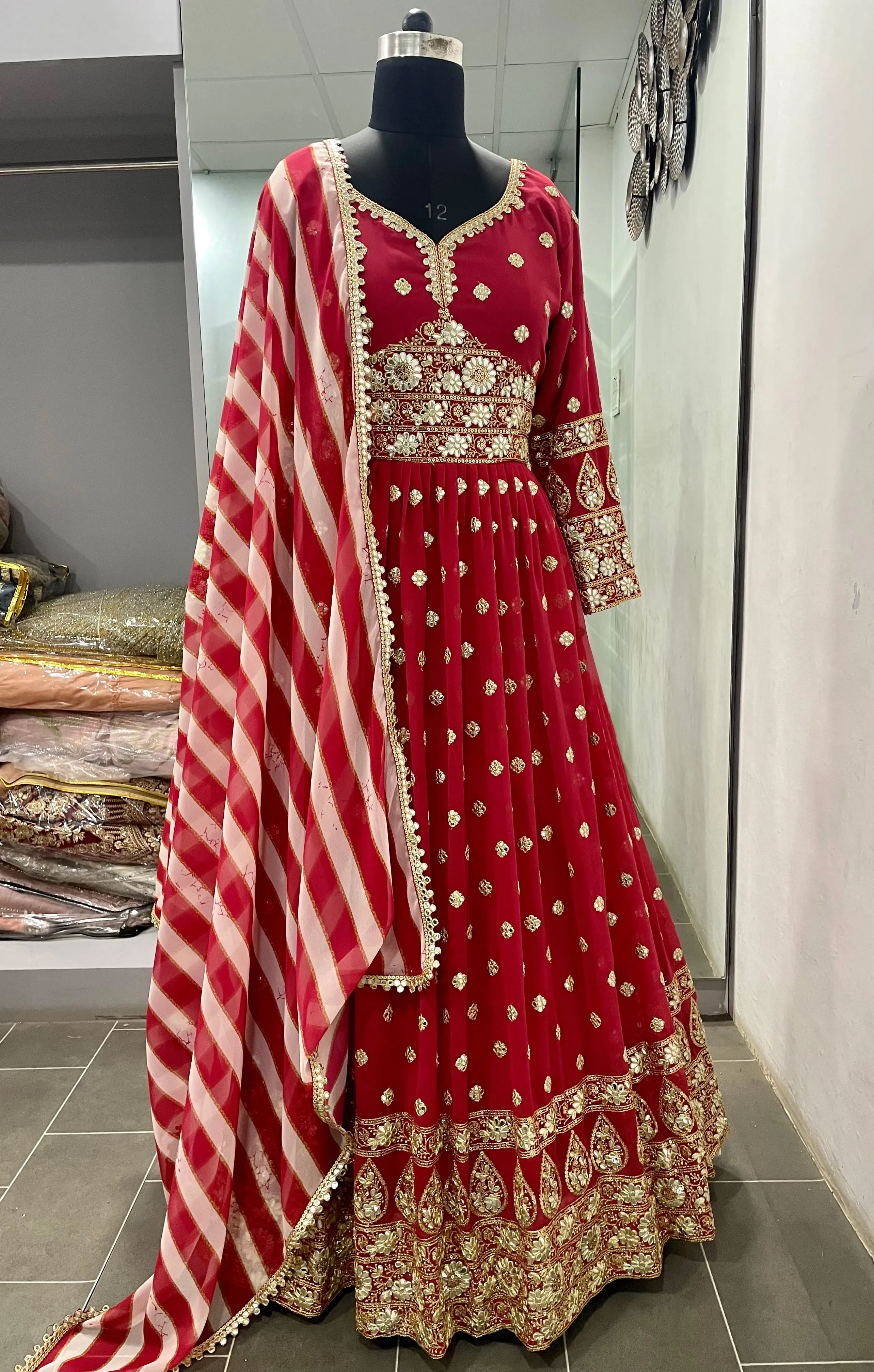 Red Gown in Georgette With Foil Mirror Work