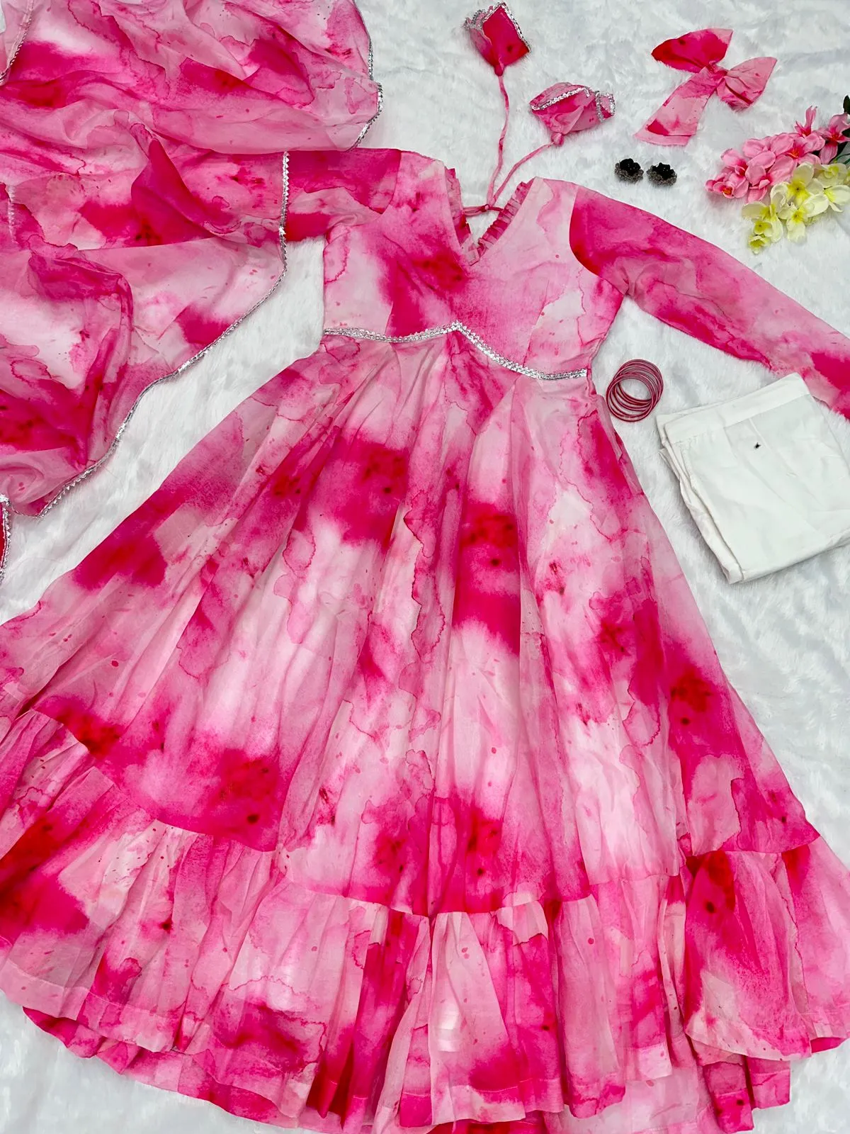 Shibori Print Pink Color Casual Wear Anarkali Suit