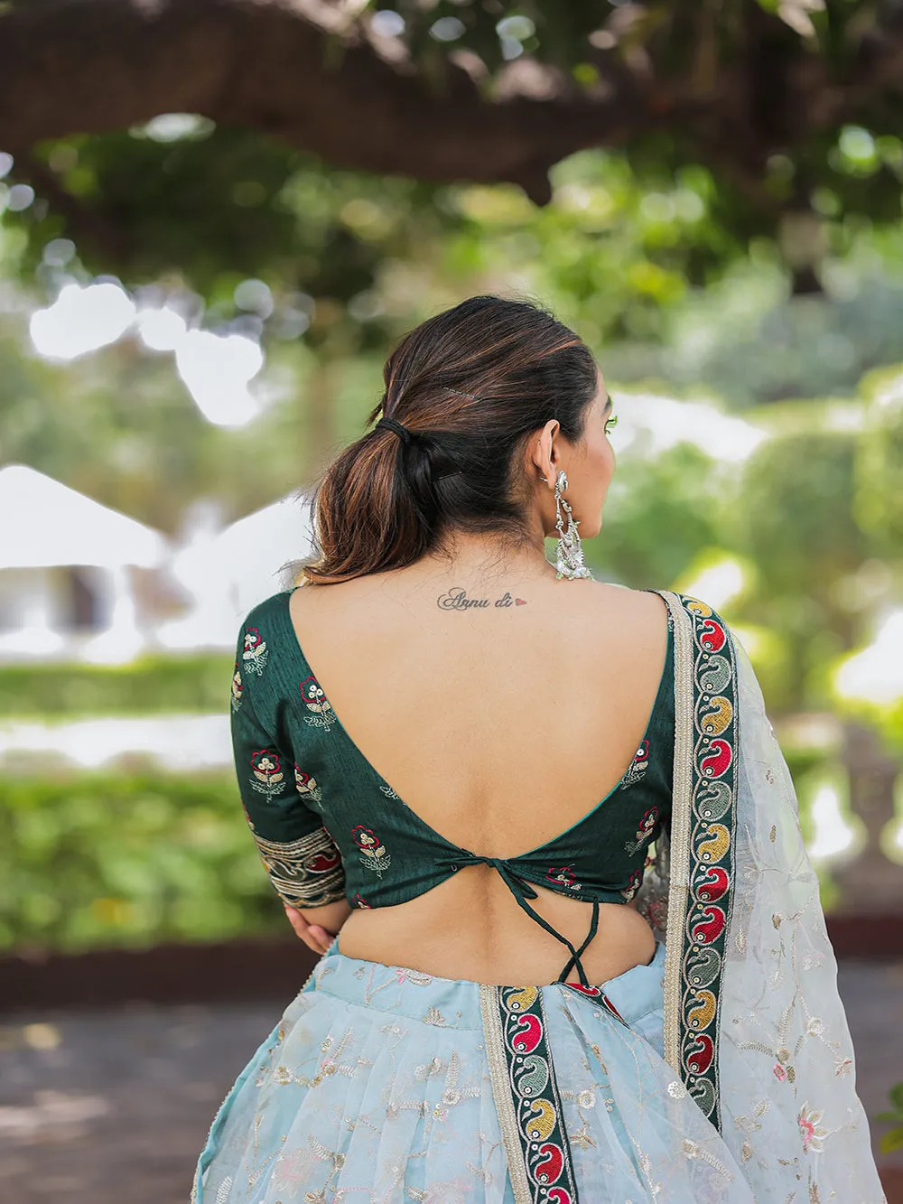 Sky Blue Color Thread Embroidery Work With Lace Border Organza Lehenga Choli
