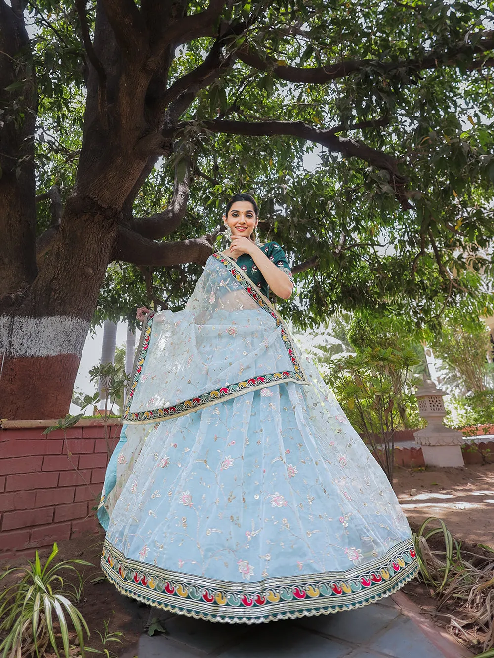 Sky Blue Color Thread Embroidery Work With Lace Border Organza Lehenga Choli