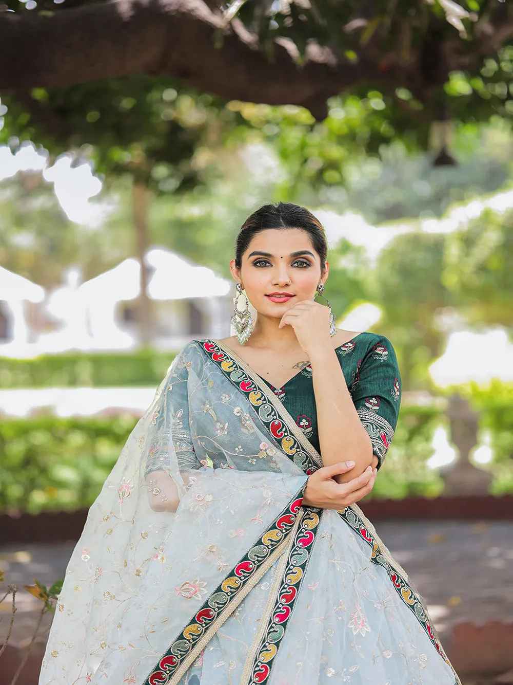 Sky Blue Color Thread Embroidery Work With Lace Border Organza Lehenga Choli